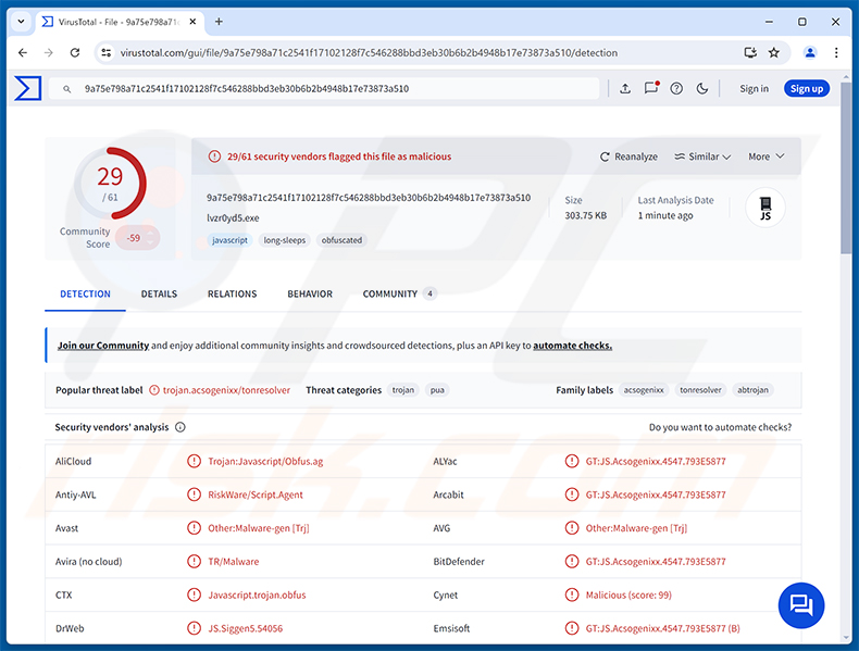 Détections du malware TONResolver RAT sur VirusTotal