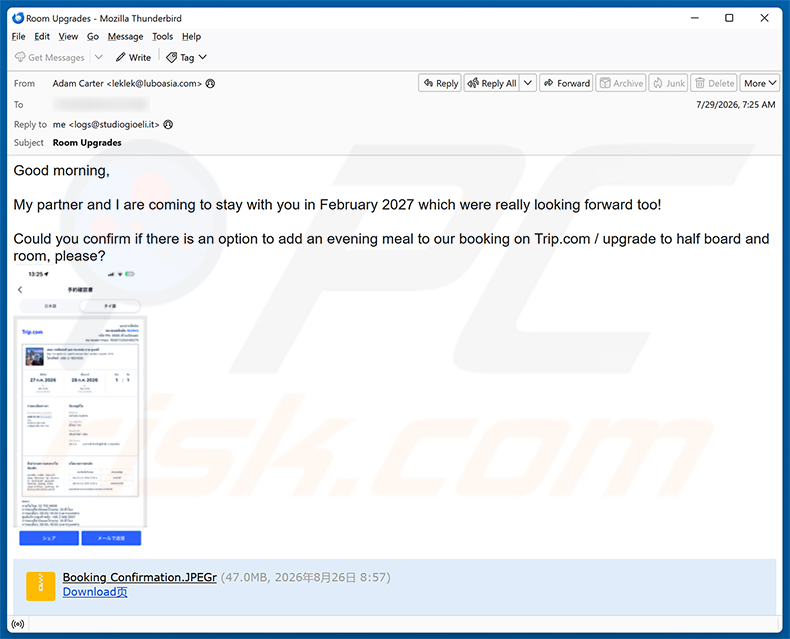Campagne de spam par e-mail Trip.com Booking Confirmation