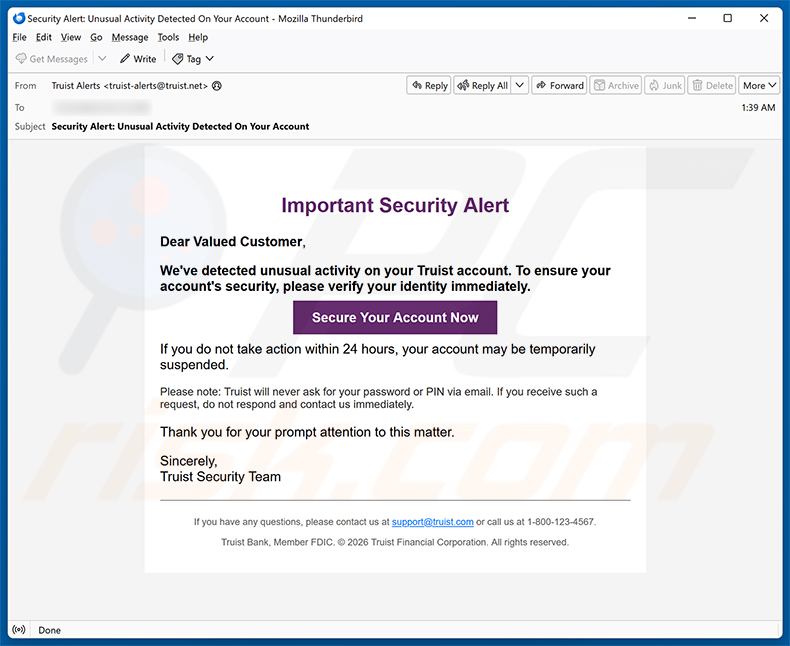 Campagne de spam par e-mail de l'arnaque Truist Security Alert
