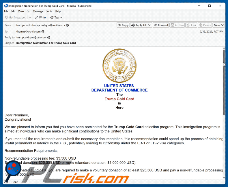 Trump Gold Card Selection Program Nomination arnaque par e-mail (GIF)