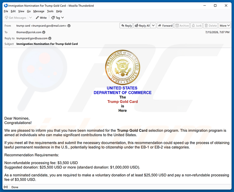 Campagne de spam par e-mail Trump Gold Card Selection Program Nomination