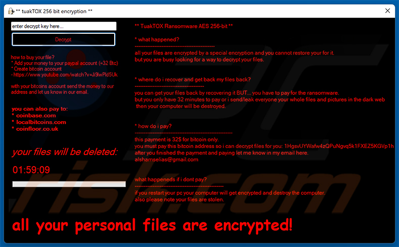 Fenêtre contextuelle du ransomware TuakTOX