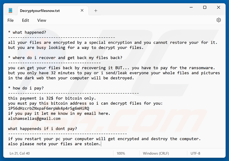 Demande de rançon du ransomware TuakTOX (Decryptyourfilesnow.txt)