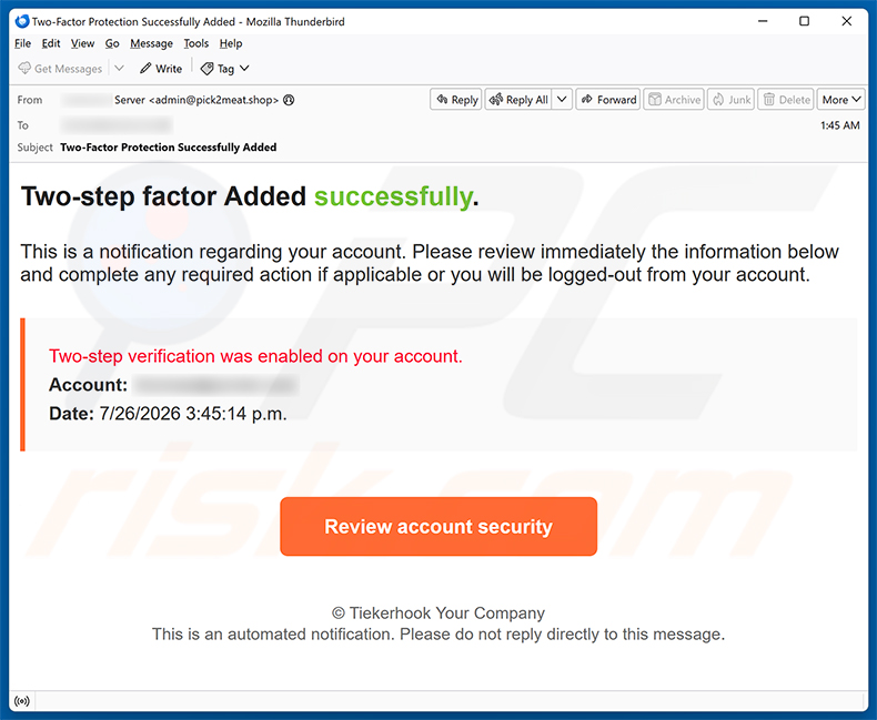 Campagne de spam par e-mail Two-step Verification Was Enabled arnaque par e-mail