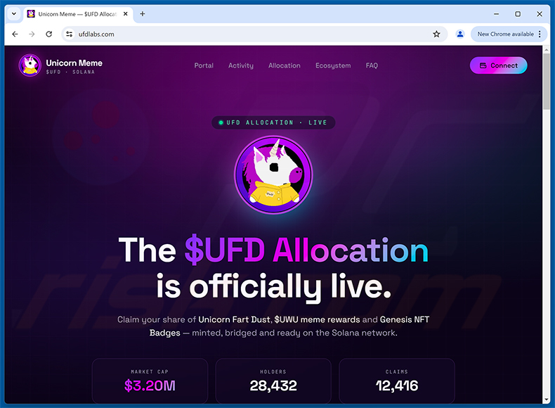 Site web de l'arnaque Unicorn Fart Dust ($UFD) Allocation (ufdlabs[.]com)