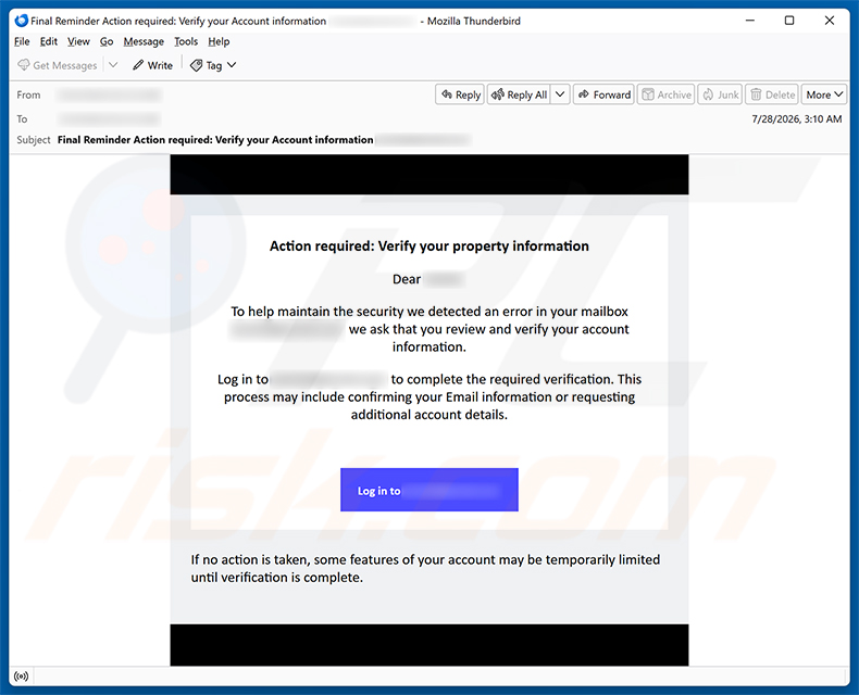 Campagne de spam par e-mail Verify Your Email Property Information arnaque
