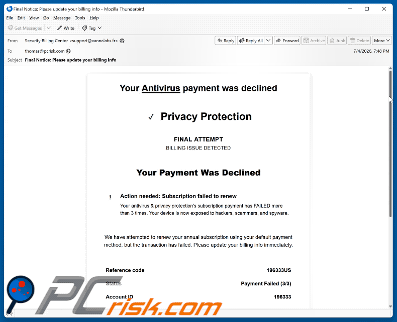 Your Antivirus Payment Was Declined arnaque par e-mail (GIF)