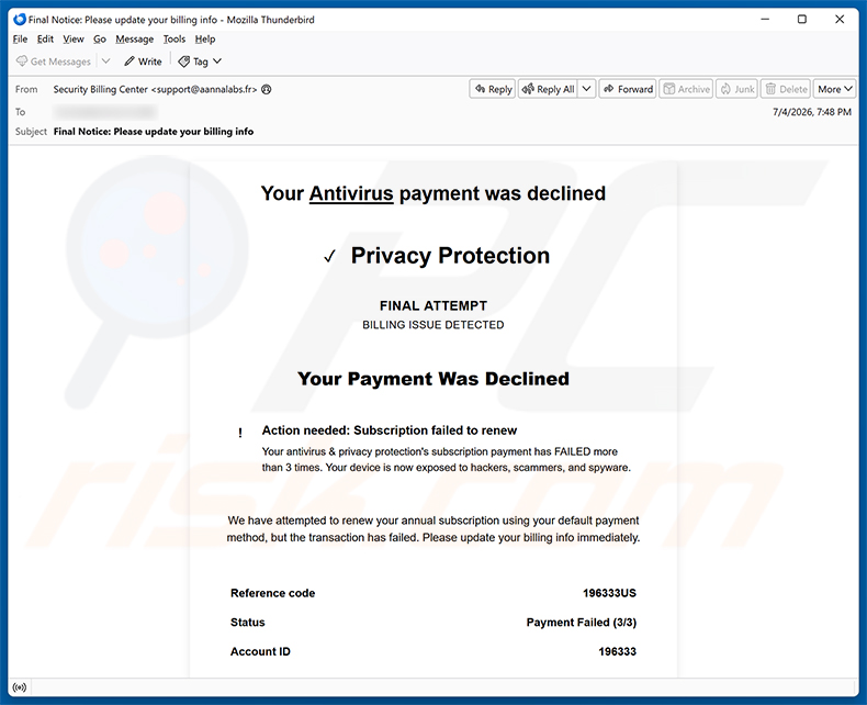 Campagne de spam par e-mail Your Antivirus Payment Was Declined