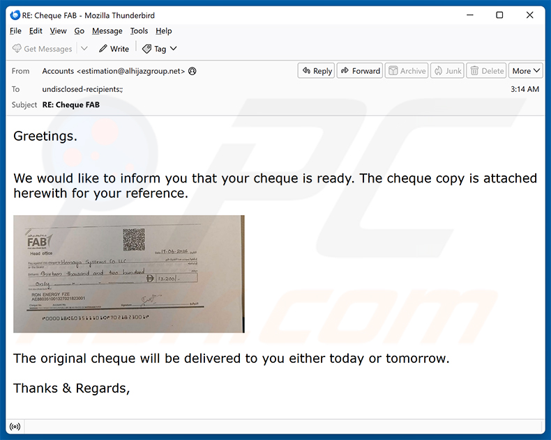 Campagne de spam par e-mail Your Cheque Is Ready