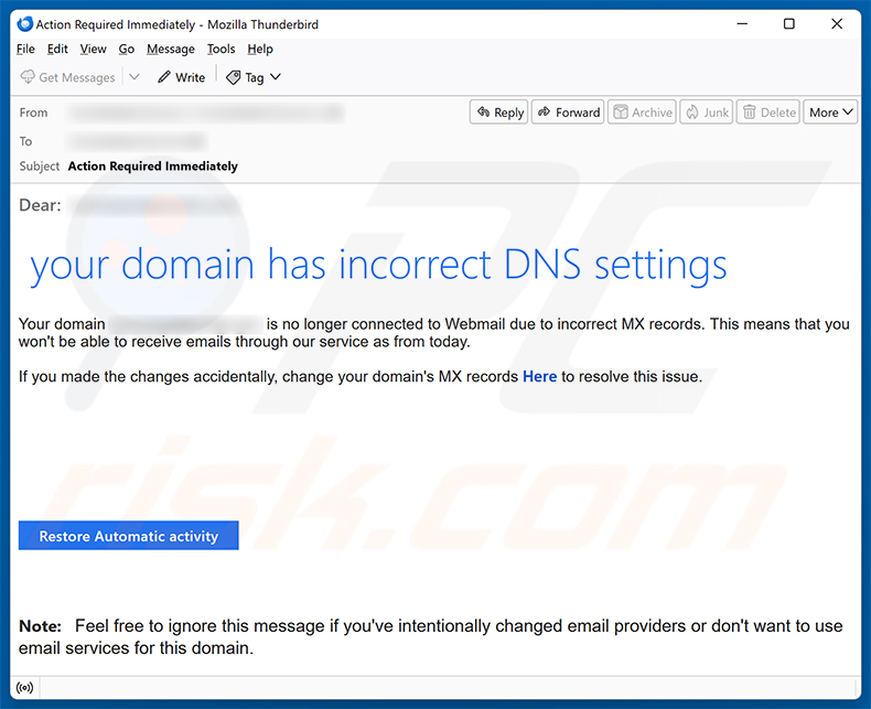 Campagne de spam par e-mail Your Domain Has Incorrect DNS Settings