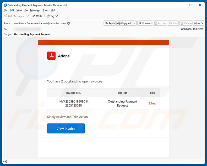 Campagne de spam Adobe - Outstanding Invoices Email Virus