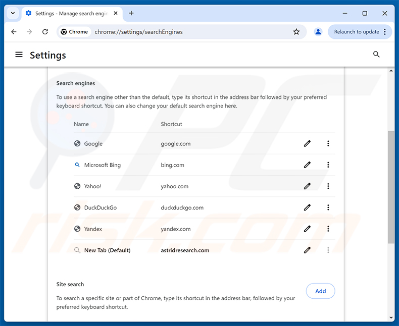 Suppression d'astridresearch.com du moteur de recherche par défaut de Google Chrome