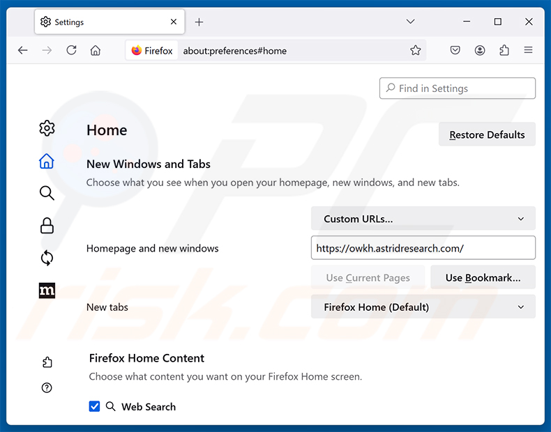 Suppression d'astridresearch.com de la page d'accueil de Mozilla Firefox