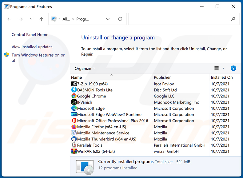 désinstallation du pirate de navigateur astridresearch.com via le Panneau de configuration