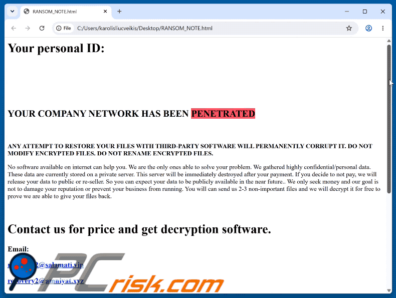 Demande de rançon du ransomware Betelgeuse (RANSOM_NOTE.html)
