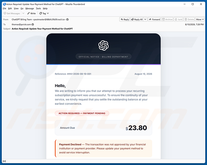 Campagne de spam par e-mail ChatGPT Payment Method Update Email Scam