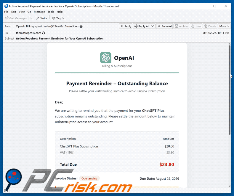 E-mail d'arnaque ChatGPT Payment Reminder (GIF)