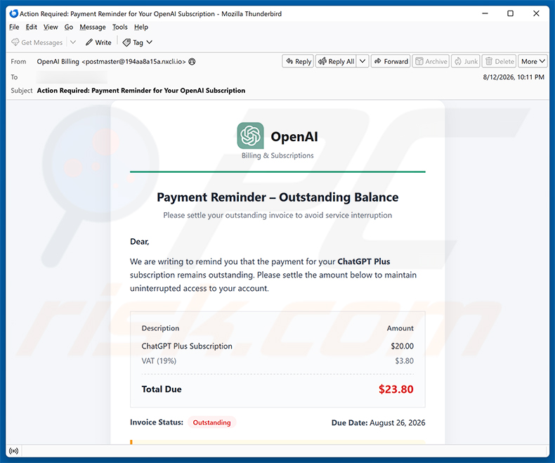 Campagne de spam par e-mail ChatGPT Payment Reminder arnaque par e-mail