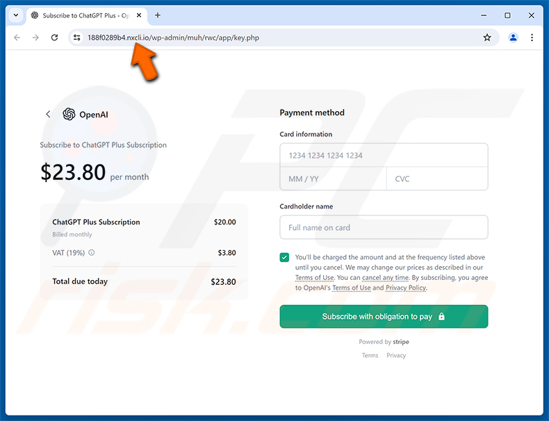 Page de phishing ChatGPT Payment Reminder arnaque par e-mail