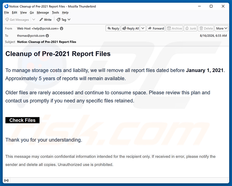 Campagne de spam par e-mail Cleanup Of Pre-2021 Report Files arnaque par e-mail