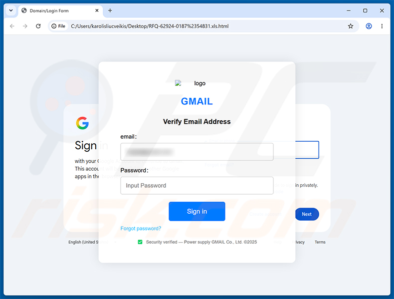 Page de phishing Confirmation Of Request For Quotation (RFQ) arnaque par e-mail