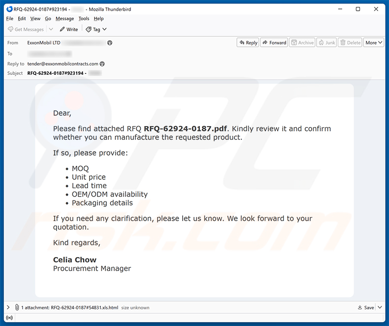 Campagne de spam par e-mail Confirmation Of Request For Quotation (RFQ) arnaque par e-mail