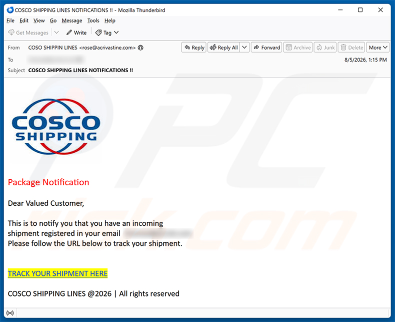 Campagne de spam de l'arnaque par e-mail Cosco Shipping Package Notification