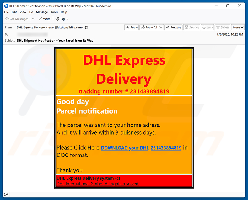 DHL Express - Parcel Sent To Your Home Address arnaque par e-mail