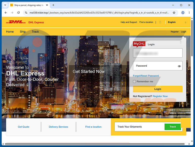 Page de phishing de l'arnaque par e-mail DHL Express - Parcel Sent To Your Home Address