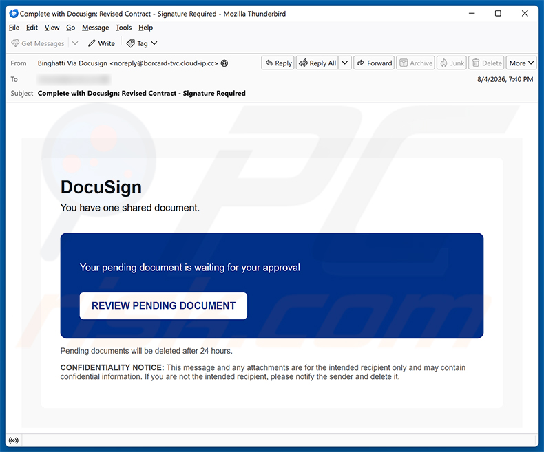 Campagne de spam par e-mail DocuSign Document Is Waiting For Your Approval arnaque par e-mail