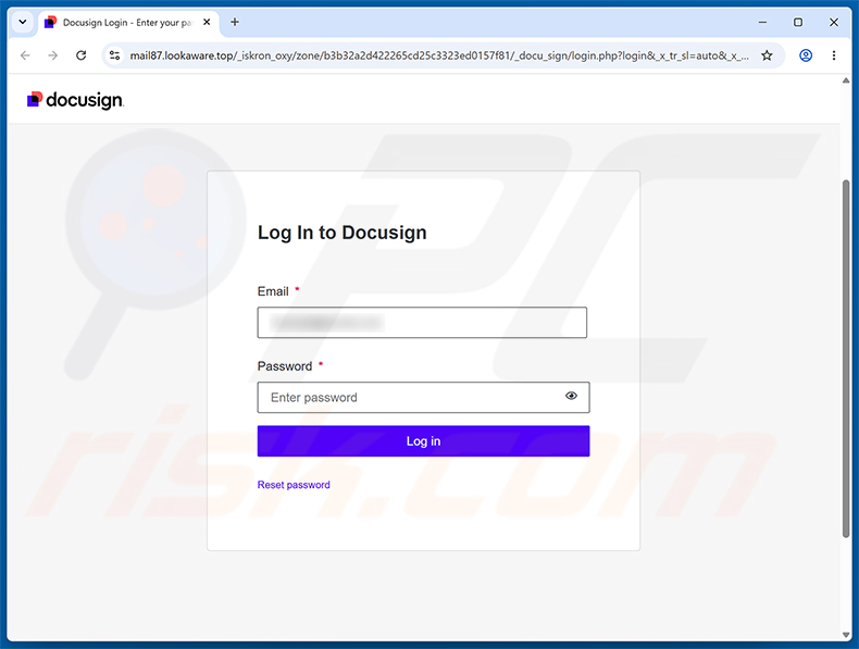 Page de phishing de l'arnaque par e-mail DocuSign Document Is Waiting For Your Approval