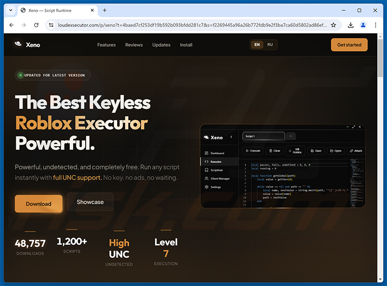 Site trompeur diffusant fake Xeno (loudexsecutor[.]com)