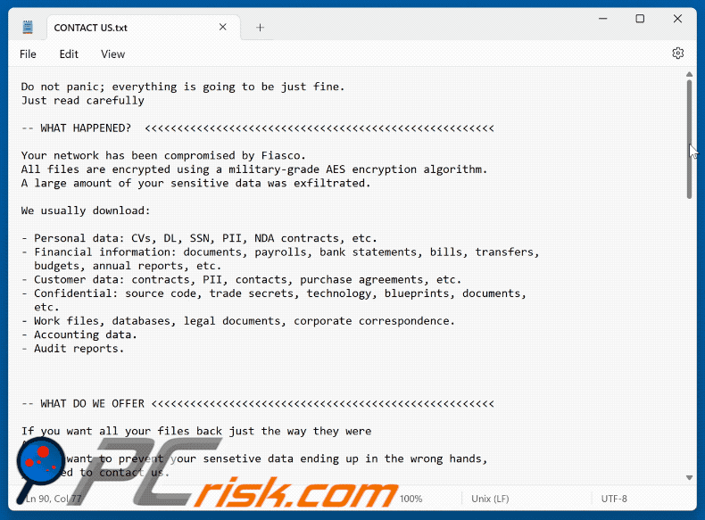 Demande de rançon de Fiasco Ransomware (CONTACT US.txt)
