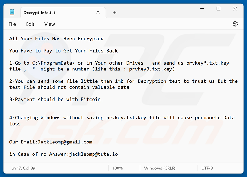 Demande de rançon du ransomware Grandeur (Decrypt-info.txt)