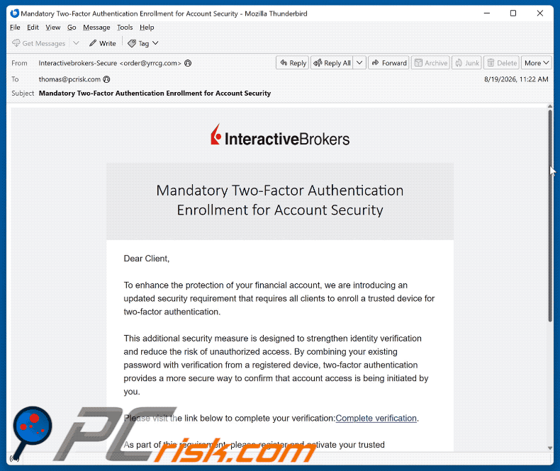E-mail d'arnaque Interactive Brokers Two-Factor Authentication (GIF)