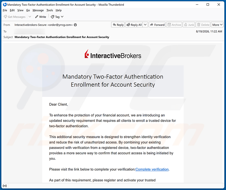 Campagne de spam par e-mail de l'arnaque Interactive Brokers Two-Factor Authentication Email Scam