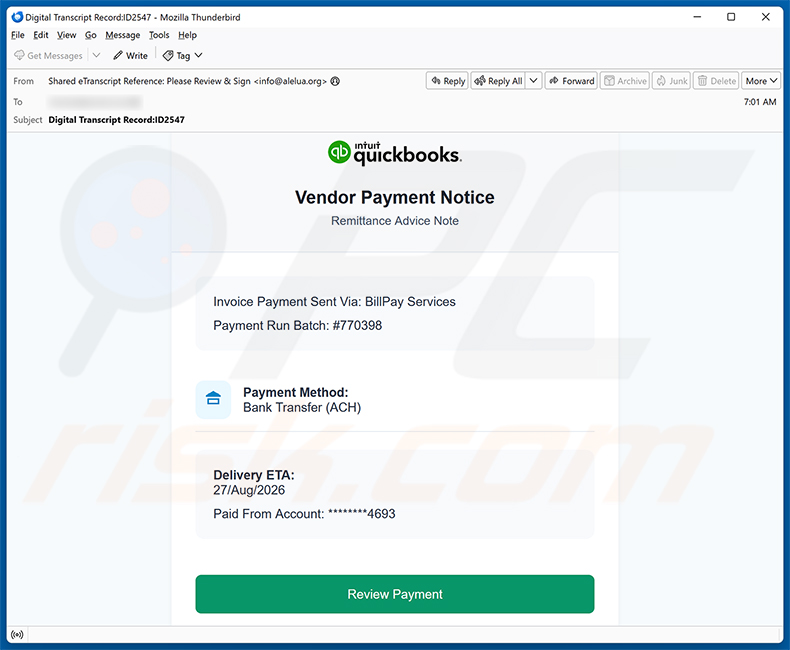 Campagne de spam Intuit QuickBooks - Vendor Payment Notice Email Virus
