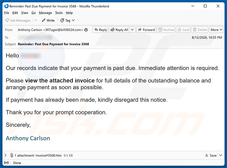 Campagne de spam par e-mail Invoice Payment Is Past Due arnaque par e-mail