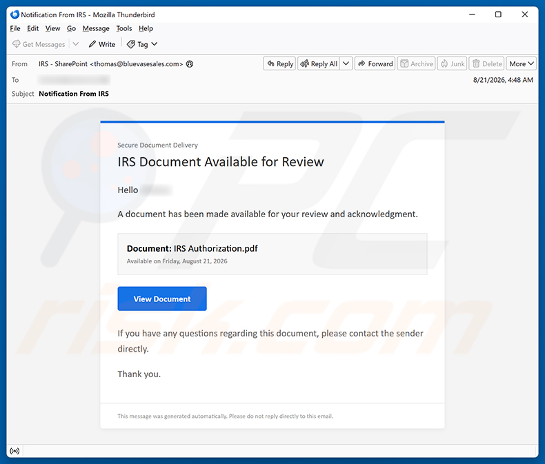 Campagne de spam par e-mail IRS Document Available For Review arnaque par e-mail