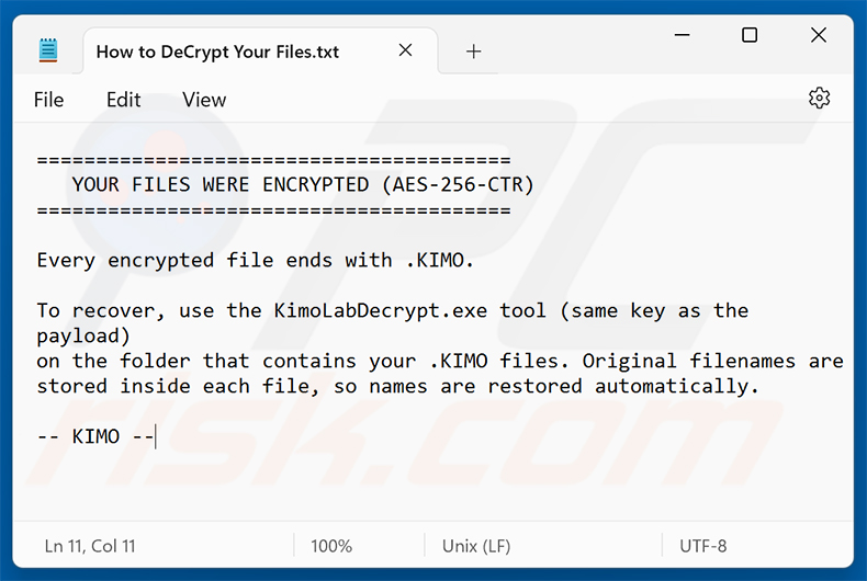 Note de rançon du ransomware KIMO (How to DeCrypt Your Files.txt)