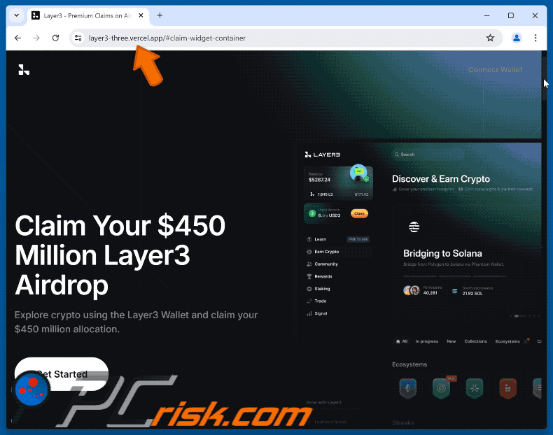 Faux site web Layer3 fonctionnant comme un drainer de cryptomonnaie
