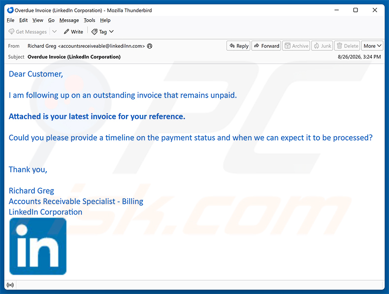 LinkedIn - Outstanding Invoice arnaque par e-mail