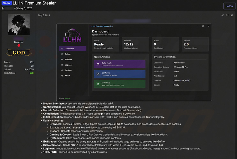LLHN Stealer promu sur des forums de hackers