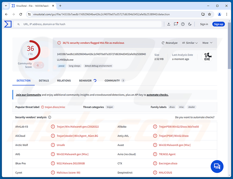 Détections du malware LLHN Stealer sur VirusTotal