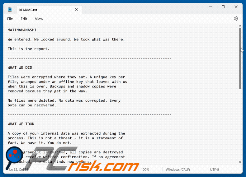 Fichier texte du ransomware MAJINAHANASHI (README.txt)