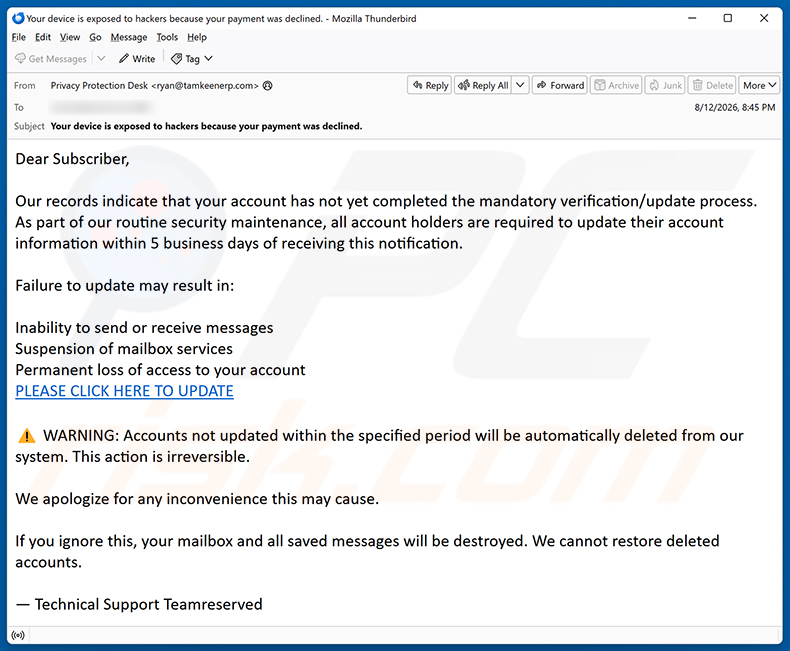 Campagne de spam par e-mail de l'arnaque Mandatory Verification/Update Process
