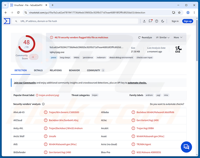 Détections du malware PackClient RAT sur VirusTotal