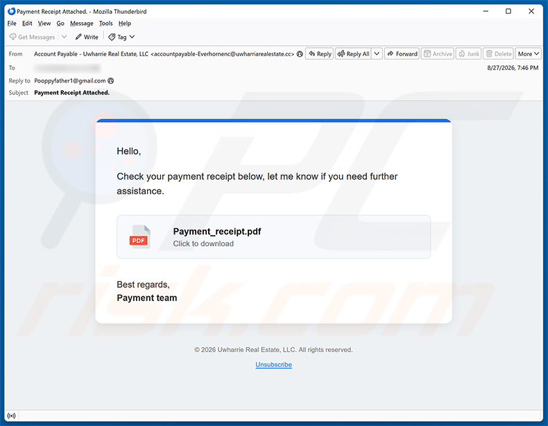 Campagne de spam par e-mail Payment Receipt arnaque par e-mail