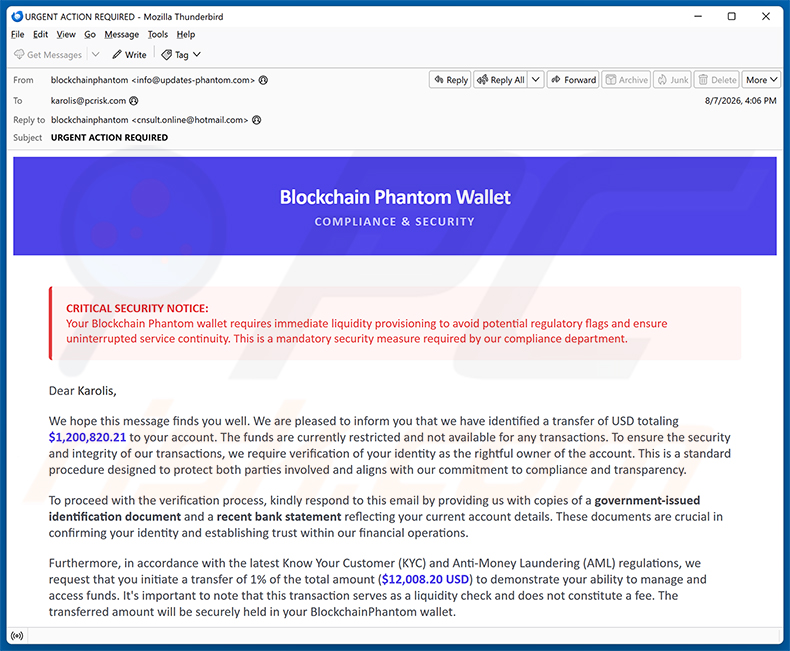 Phantom Wallet Identity Confirmation arnaque par e-mail