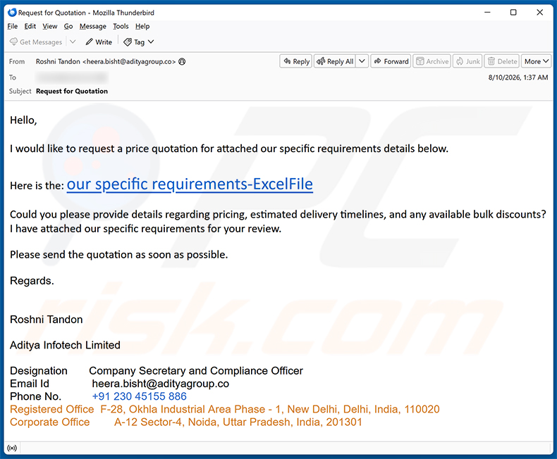 Campagne de spam par e-mail Price Quotation Request arnaque par e-mail